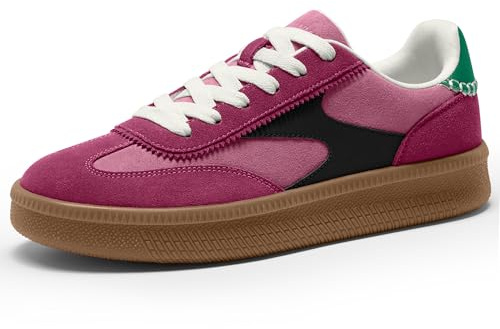 Vilanva Women's Fashion Sneakers Casual Tennis Shoes with Genuine Suede Classic Retro Gum Sole Walking Trendy Footwear Pink Multi