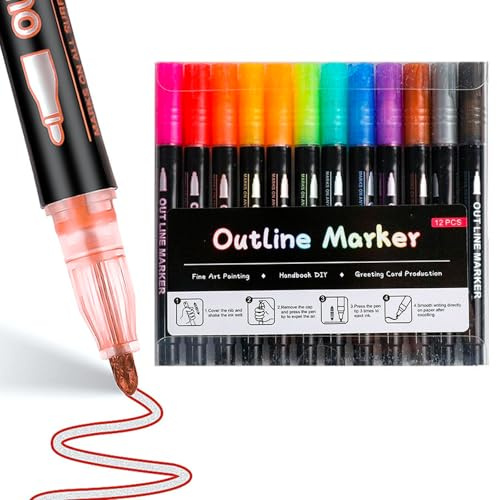 tallkeey Outline Marker Pens, 12 Glitter Pens for Card Crafting, Double Line Glitter Markers for Scrapbooking, Colouring, Card Making, DIY Crafts