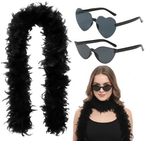 Feather Boa Black, Soft and Fluffy Black Feather Boa with 2 Glasses, Elegant Accessory for Special Occasions, Black Feathers for Costumes and Parties