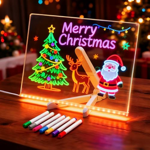 LED Note Board with 7 Colors Pen, 13.7x10 Led Drawing Board for Kids, Magic Note Board Glowing Acrylic Message Marker Boards with Light, Rewritable Acrylic Dry Erase Boards, Holiday Trend Gift