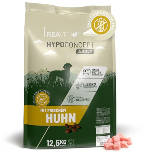 ReaVET HYPOCONCEPT Hundtorrfoder kyckling – Enstaka Protein med färskt kött I vetefritt och utan socker, torrfoder för alla hundar och raser, även för känsliga hundar och allergivänligt I 12,5 kg