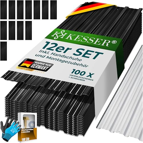 KESSER 12 fogli profilati in lamiera trapezoidale, 7 m² – Lamiera per tetto in acciaio zincato 0,25 mm, con guanti di montaggio (nero, 129 x 45 cm/12 pezzi)
