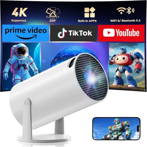 Videoprojecteur avec WiFi 6 et Bluetooth 5, Mini Projecteur Supporte 4K 1080P Auto Keystone Rotation, Apps intégrées, 270° Compatibile avec HDMI/Phone/TV Stick/Laptop