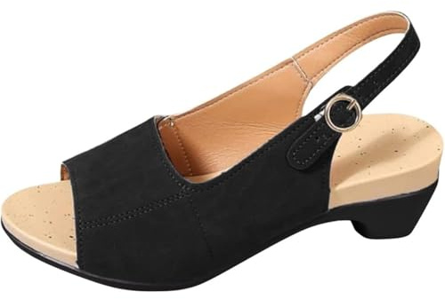 Podiflex - Sandalias Ortopédicas De Verano Para Mujer Con Puntera Abierta Y Tacón Bajo, Zapatos De Playa, Negro, 39 EU