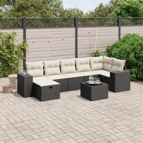 YunCangg Ensemble de canapé de jardin 8 pièces avec coussins, noir, en polyrotin, résistant aux intempéries, pour terrasse, balcon, avec table, groupe de sièges, canapé, fauteuil, banc et rotin