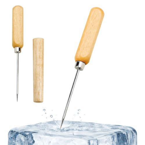 HIC Kitchen Ice Pick With Safety Cover, Solid Steel With Wood Handle, For Chipping Block Ice For Craft Cocktails, Bar Drinks, And Chilled Beverages