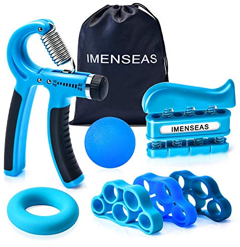 IMENSEAS Grip Strength Trainer 7 Pack Adjustable Hand Gripper, Finger Stretcher Resistance Extensor Bands, Finger Exerciser, Grip Strength Ring & Stress Ball, Hand Grip Strengthener, Blue