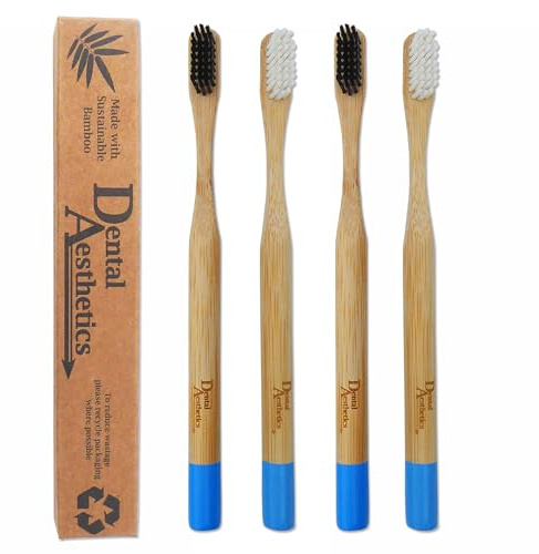 Bamboo Toothbrush ~ Adult Medium Bristles Black & White, Eco Friendly Bio-Degradable (Set of 4)
