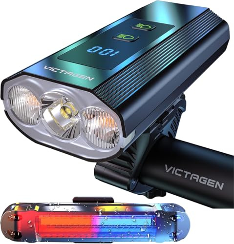 Victagen Phares de vélo Super Lumineux 8000 LM pour la Conduite de Nuit, 3 lumières LED Super Lumineuses pour vélo/vélo avec Feux de Route et Feux de Croisement de Type C Rechargeables, Feux arrière
