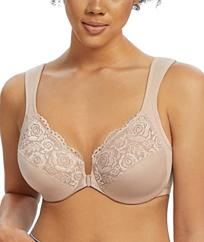 Lemorosy Wide Strap Front Closure Bra Lace Full Figure Underwire(Beige Wide Strap,34DD)