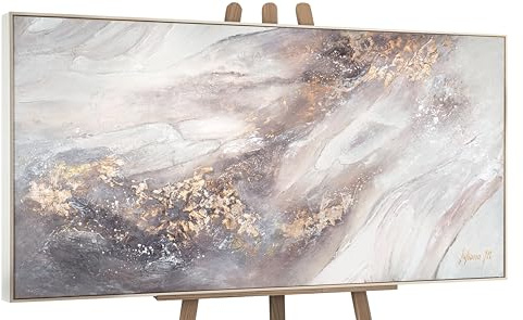 YS-Art Cuadro pintura abstracta hecho a mano Relájese Pintado en acrílico en gris y beige con dorado Decoración para el hogar con marco 160x80 cm