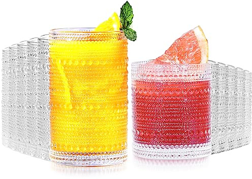 Lvtrupc Vintage Hobnail Drinking Glasses Set of 12-14 oz Old Fashioned Water Glass Cups & 11 oz Cocktail Glasses, Aesthetic Kitchen Bar Tumbler Glassware Gifts Sets for Smoothie, Juice, Coffee, Wine
