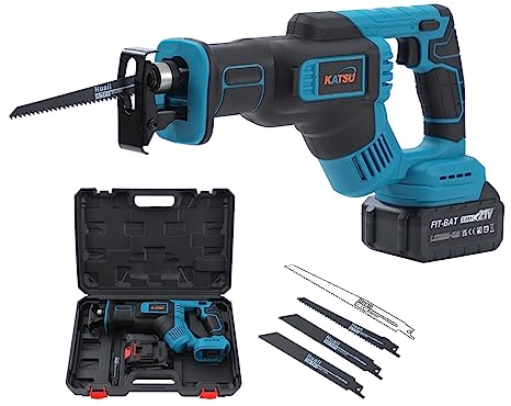 KATSU FIT-BAT 21V Sierra de Sable Inalámbrica con 3,0 Ah Batería y Cargador, 4 Hojas de Sierra, 28mm Longitud de Carrera, Velocidad Variable, para Poda de Corte de Metal y Madera
