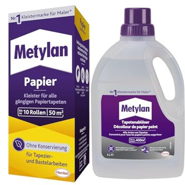 Metylan Papier, Tapetenkleister für Papiertapete, Kleister ohne Konservierungsmittel (1x125g) & Metylan Tapetenablöser Aktiv-Konzentrat, löst schnell und problemlos (1x 1l)