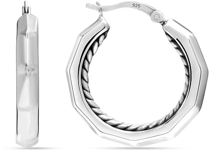 LeCalla 925 Sterling Silver Chunky Hoop Earrings for Women | Small Edged Hoop Earring | Geometric Shape Creole Hoop Earrings 25MM