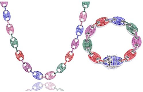 OWNCOOL 2 PCS Coffee Bean Chain Iced Out Miami Cuban Necklace Bracelet Diamond Multicolor Choker Necklace Bracelet for Men Women Silver Colorful 8 20inch