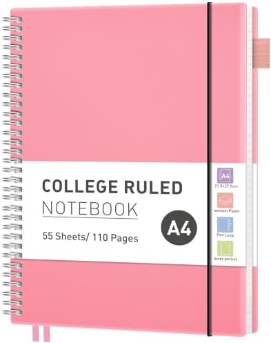 RETTACY A4 Spiral Notebook, Lined Journal, Notepad, 110 Pages, Pink