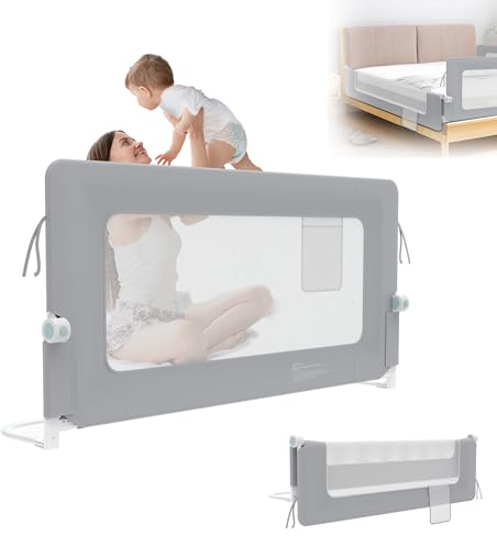XMTECH 1st Bettgitter 150 cm Bettschutzgitter Kinderbettgitter für Kinder, Rausfallschutz Bett Babybettgitter Klappbar, Tragbar, Bettgitter für Kleinkinder, 18 Monate - 5 Jahre, Grau
