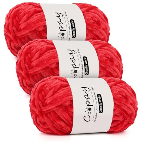 Coopay Chenille Wolle zum Häkeln, 3x100g Samtig Garn, Dicke Flauschige Weiche Wolle, Plüschwolle Häkelgarn für Decken, Schals - Rot