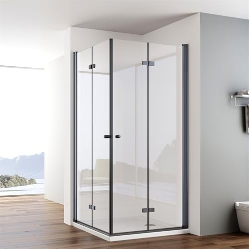 IMPTS Duschkabine Schwarz Eckeinstieg 80x80cm Falttür Doppel Drehfalttür Rahmenlos Faltdusche 180º Duschabtrennung Faltbar 6mm ESG Sicherheitsglas Höhe 185cm, OHNE Duschwanne