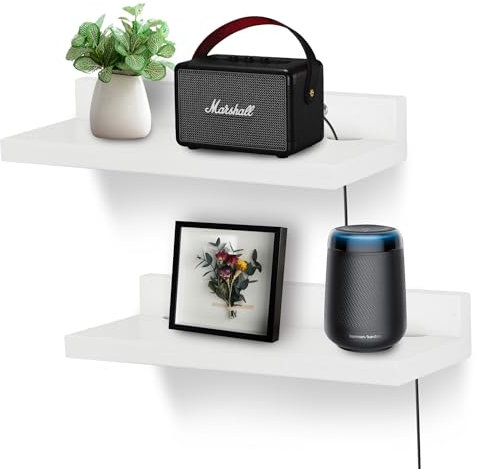 NIUBEST Small Floating Shelf for Wall,9 Inch Wall Mounted Shelf with Cord Hole,Small Display Shelves for Cameras, Webcam, Router,Smart Speaker,Action Figures-2 Pcs（White）