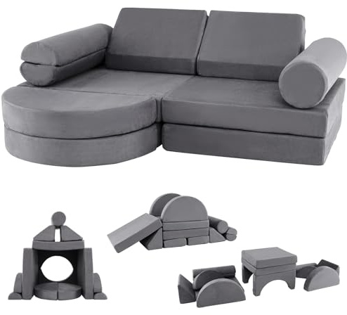 RELAX4LIFE Set di Divano Modulare 14 Pezzi per Bambini, Divano da Gioco con Imbottitura in Schiuma ad Alta Densità, Design Convertibile per Soggiorno, Stanza dei Giochi, 144x107x46CM (GRIGIO)