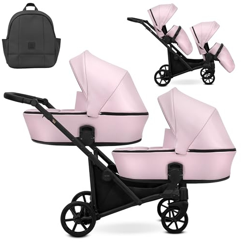 Kunert BRAV DUO Passeggino Gemellare 2 in 1+Accessori: Comfort, Sicurezza, Praticità, design elegante e funzionale, sistema versatile, telaio in alluminio, leggero, ecopelle baby pink/nero