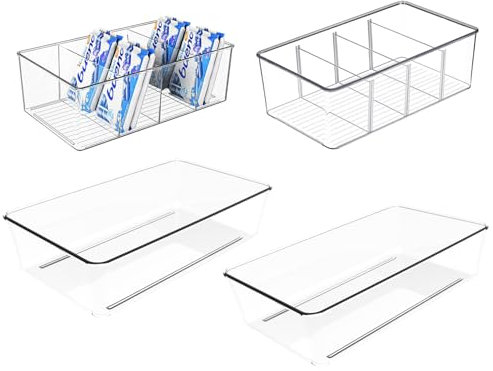 AIYULONG Fridge organisers, 2Pcs Clear fridge storage containers And 2Pcs kitchen Cabinet storage & organisation Bins with 3 Removable Dividers for Pantry,cupboard,freezer storage boxes