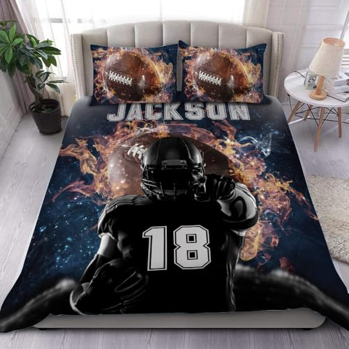 WAZARO Custom Football Bedding Set Twin/Full/Queen/King – Personalized Sports Comforter for Boys with Name & Number – Cool Foot Ball Bed Set Gift for Kids, Teens, Room Decor (Football Player on Fire)