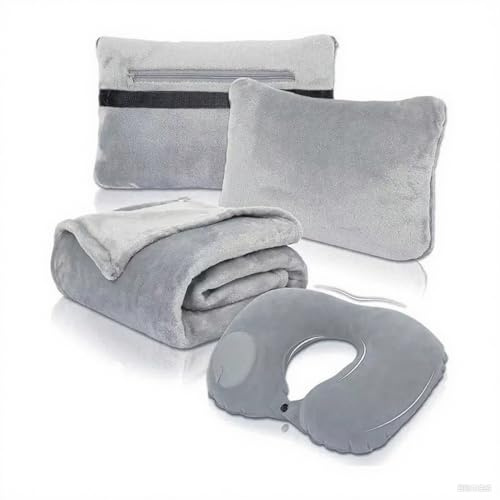 Dasellfa Reisedecke Ultraleicht Warm Reise Flugzeug Auto Gadgets Dünne Decke Aufblasbares Nackenkissen Kissen Faltbar 3-in-1-Set Fleece Für Reisen, Camping, Büros, Zuhause