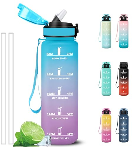 Grsta Gourde Sport 1 litre, Gourdes avec Paille, Anti Fuite Gourde Graduée pour 1 Journee, Verrou de Sécurité, Bouteille Motivation avec Marqueur de Temps pour Randonnée, Velo, Fitness