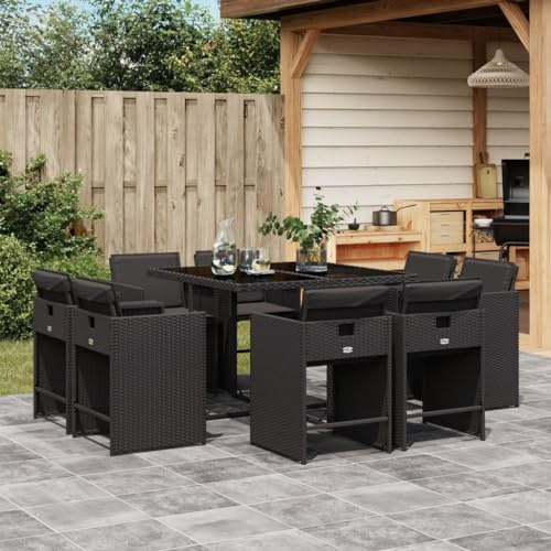 9-TLG. Gruppo da giardino nero in rattan sintetico, sedie pieghevoli e tavolo in vetro temperato, resistente ai raggi UV, mobili da esterno salvaspazio per balcone e terrazza