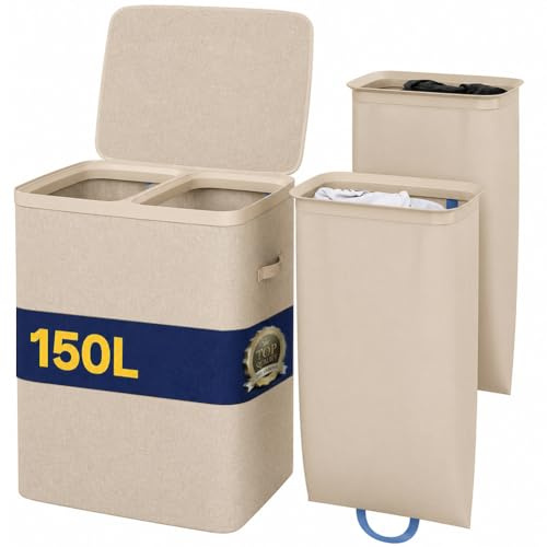 BAKAJI Cesto Portabiancheria Sporca a 2 Scomparti, Cestino Doppio in Poliestere con Sacchi Estraibili per Biancheria e Bucato con Maniglie, Coperchio Antiodore, 56 x 40 x 67 cm (Beige)