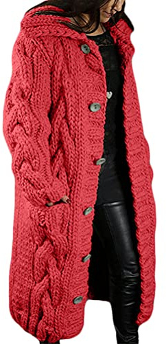Tomwell Femme Gilets Cardigan Long en Tricoté Veste Capuche Veste en Tricot Chaud Hiver Pull Ouvert Manteau Chaud Épais Blouson Gilet Grosse Maille Rouge Orange 3XL