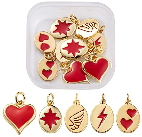 COGCHARGER 10 Pieces 5 Styles Red Heart Charm Pendants Brass Enamel Pendants Gold Plated Brass Charms Mixed Shape for Jewelry Necklace Bracelet Making