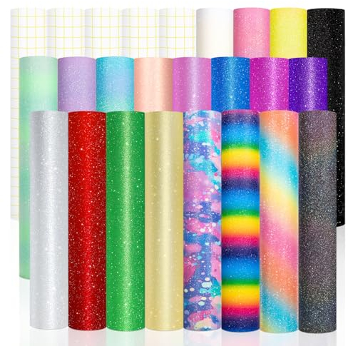VINYL FROG Permanent Adhesive Vinyl Bundle Glitter Permanent Vinyl Sheets 20 Pack Sparkle Adhesive Vinyl + 5 High Sticker Transfer Tape for for DIY Home Decor, Mug, Window, Ceramics Decal
