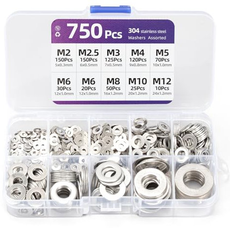 Stainless Steel Flat Washers Assortment Set - 750PCS, 9 Sizes M2 M2.5 M3 M4 M5 M6 M8 M10 M12 for Screws and Bolts - Factories Repair Construction
