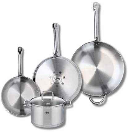 ELO 9511150 Batterie de cuisine 4 pièces, Ensemble de 3 Poêles de cuisson 24, 28 et 32 cm et 1 faitout 20 cm Elo Profi Citrin, inox, induction, Gris
