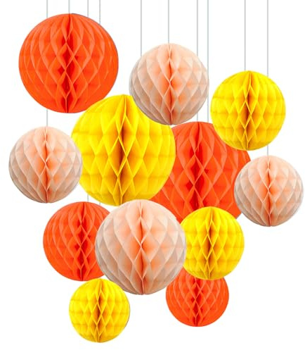 ZYOOO 12pcs Paper Honeycomb Balls, 15/25cm Tissue Paper Hanging Balls for Birthday Party,Autumn,Fall,Thanksgiving,Halloween Decorations (Orange,Yellow,Peach)