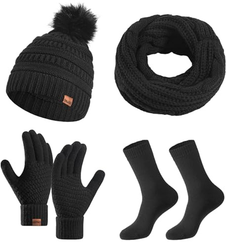 Baynetin 4 Packs Women Winter Hat Scarf Gloves Socks Set,Winter Beanie Cap Warm Thermal Bobble Hats Touchscreen Gloves Women's Scarf Neck Warmer 4 in 1 Cold Weather Set