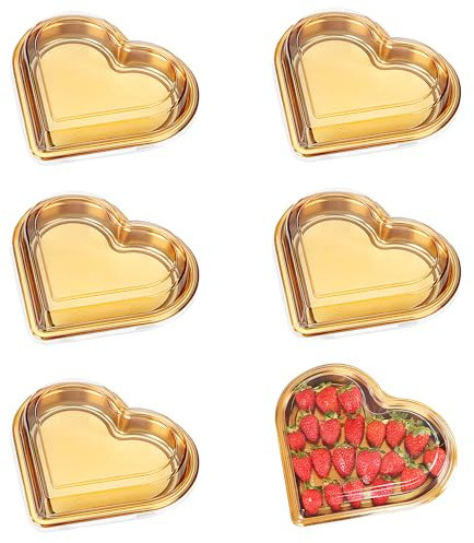 XCSJ Piatto da portata con coperchio, portatile, trasparente, a forma di cuore, per frutta, sushi, noci, biscotti, adatto per regali, feste, matrimoni (oro, 5 pezzi)