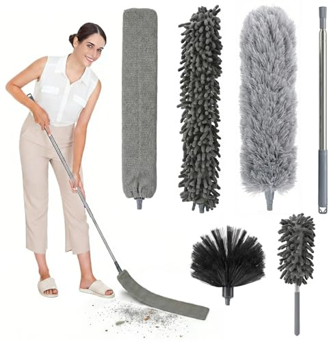 Carehabi Spolverino Telescopico Spolverino per Polvere Togli Ragnatele Allungabile 41-210 cm Spolverino Microfibra Lavabile per Soffitto Fessure Tetti Ragnatela