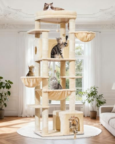 Taoqimiao Arbre À Chat Stable 183 cm, Plateformes Grandes avec Coussins | Tour de Jeux pour Chats spécifique Pour Les Maine Coon, 2 Niches, Hamac, 2 Paniers, 7 Griffoir Sisal, F20M Beige