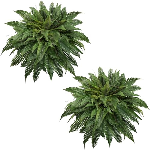 MixcMax Artificial Boston Fern Plants, Large Artificial Plants Outdoor 2 Pack Plastic Evergreen Shrubs UV Resistant Planters for Front Door Garden Indoor Home Decor (88 leaves)