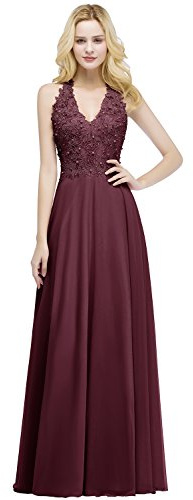 Misshow Robe de Cocktail Sexy Chic Longue pour Mariage Elégante Robe de Gala Longue sans Manche Dos Ajourée Florale Bordeaux 38