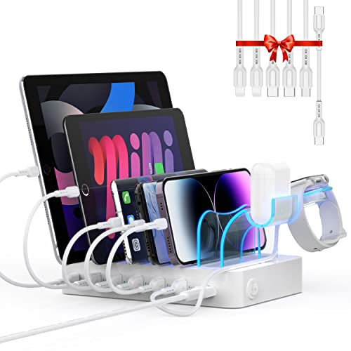 SooPii 60W Estación de Carga de 6 Puertos, PD 20W USB C Carga rápida para lPhone 14/13/12, 2 en 1 i Watch Holder, 6 Cables Cortos incluidos para teléfonos, tabletas y Otros, Blanco