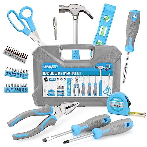 Hi-Spec 42pc Household DIY Tool Kit, Blue Handy Set with Essential Hand Tools for Home, Office & College Dorm – Starter Basic Toolbox for Repair & Maintenance with Storage