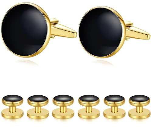 HONEY BEAR 8pcs Set Cufflinks and Studs - Black Onyx, for Men Shirts Tuxedo Wedding Gift …