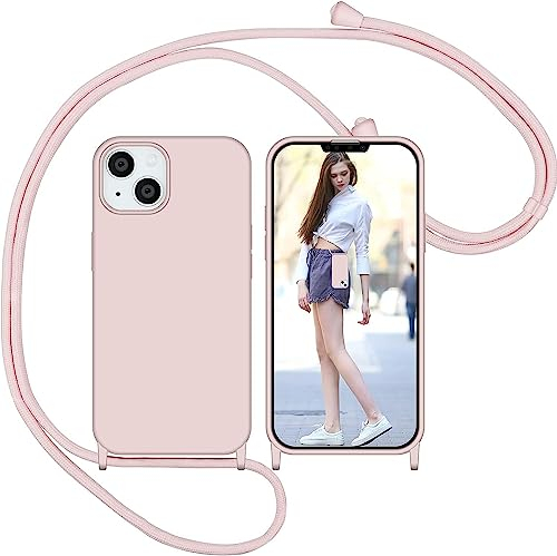 Nupcknn für iPhone 13 Hülle mit Band, Liquid Silicone Handykette Handyhülle (Abnehmbar Einstellbar) Necklace mit Kordel zum Umhängen Handy Kette Kratzfestes Stossfest Schutzhülle(Rosa, 6.1)