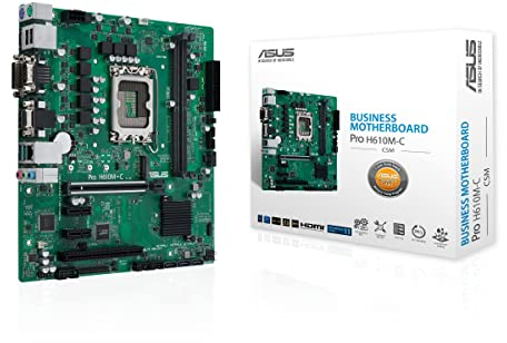 ASUS PRO H610M-C CSM Motherboard, Intel H610, LGA1700, DDR5, PCI 5.0, LAN Intel 1Gb, Realtek 7.1 Surround, 1xM.2, 4xSATA 6GB/s, USB 3.2 Gen 2, ASUSK Control Center Express, Schwarz, mATX